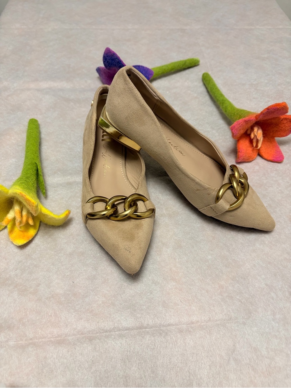 Pointed Toe Beige Flats with Gold Chain Accent